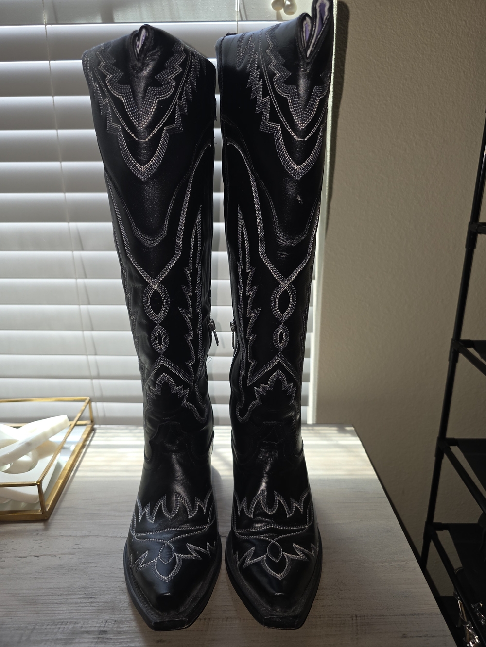 Black Western Knee-High Boots with Silver Stitching